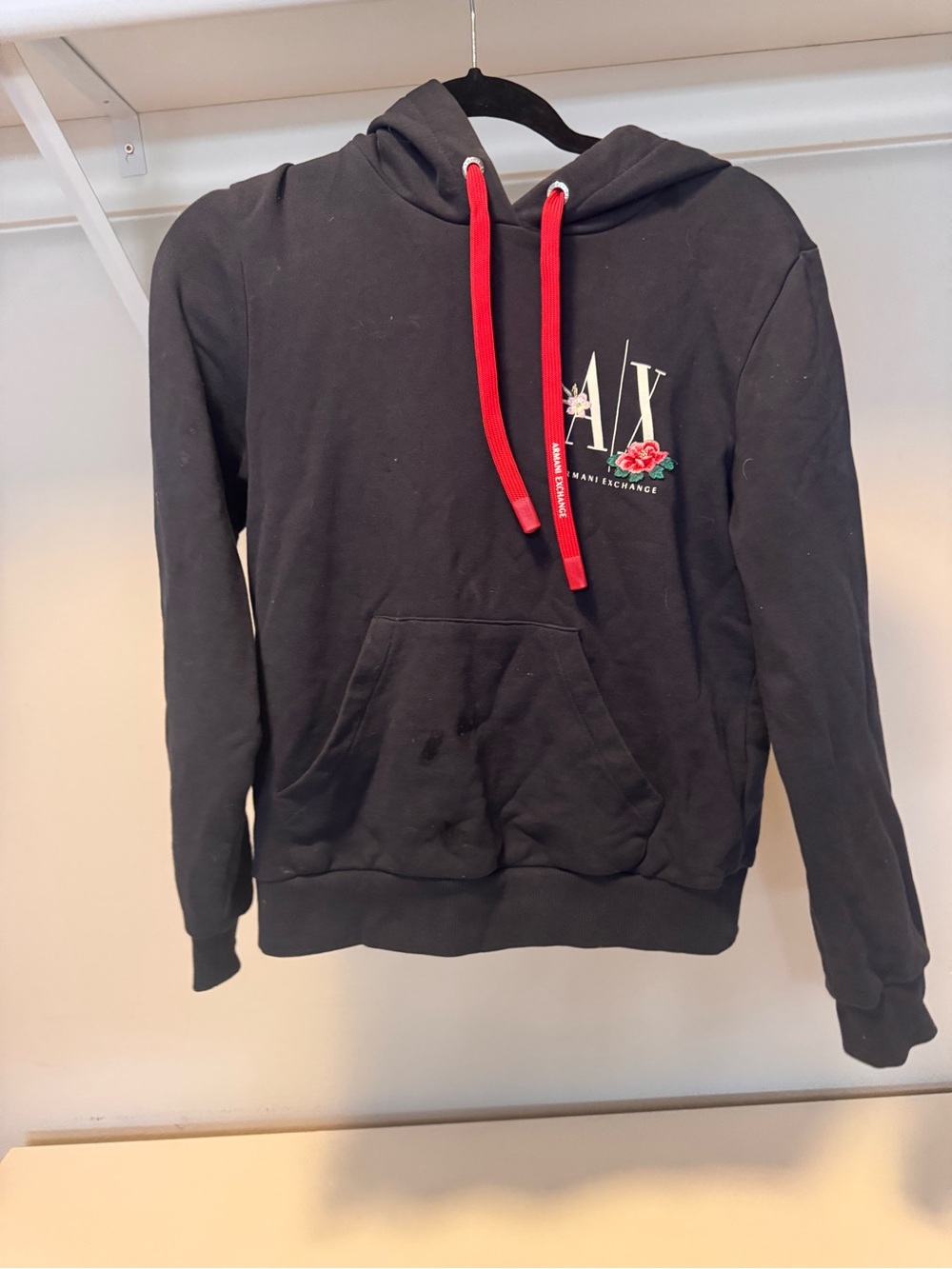 Armani Exchange Black Hoodie with Red Drawcords and Floral Logo